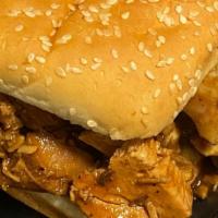 Smoked Pulled Chicken · Smoked chicken in bbq sauce with onions tomatoes cucumbers and our homemade bbq ranch dressi...