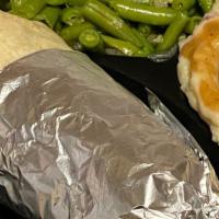 Big Bbq Burrito - With 2 Sides · Choose between pulled chicken, pork or chopped BBQ beef.