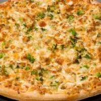 Alfredo Supreme Pizza · An alfredo base topped with grilled chicken, broccoli and cheese.