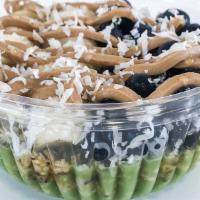 Clean Green Kale-Coconut Bowl · Kale Base, Granola, Banana, Blueberry, Almond Butter, Honey, Coconut Flake