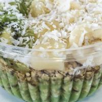 Mean Green Kale-Coconut Bowl · Kale Base, Granola, Banana, Pineapple, Kiwi, Honey Coconut Flakes