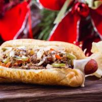 Philly Dog · Grilled rib eye steaks and black angus all-beef hot dog with melted provolone cheese on a to...
