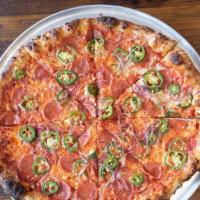 The Popper · Red sauce, mozzarella, jalapeños, pepperoni, onions and garlic crust.