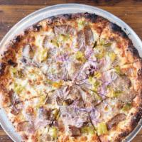 Long Hot Special · Roasted long hots, sausage, red onion, garlic crust, Mike's hot honey and 18 month aged Parm...