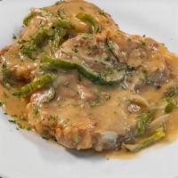 Smothered Pork Chops · 2 x Deep Fried Pork Chop  Smothered in Homemade Green Pepper and Onion Gravy
