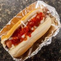 Hot Dog · Beef Hot dog with ketchup, mustard, onions and potato sticks.
