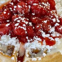 Strawberry Cheesecake Waffle  · Waffle Topped with Strawberries and Cream Cheese Frosting