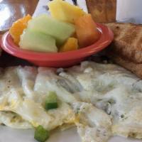 Egg White Light Omelette · Egg white omelette with mushrooms, green peppers and onions with a side of fresh fruit (no p...