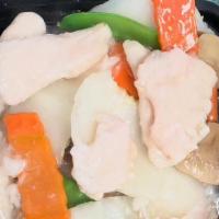 Moo Goo Gai Pan · Served with fried rice and egg roll.
