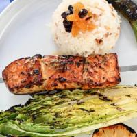 Salmon Kebab · Salmon cubes, grilled lettuce, rice pilav with orzo served with pita