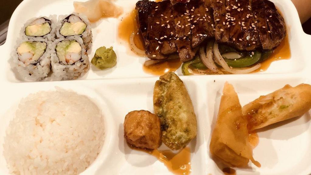 Steak Teriyaki
 · Served with miso soup or salad, four pieces California roll, fried shrimp shumai, fried pork dumpling, spring roll, and white rice.