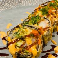 1635 Roll · Deep-fried roll with white fish, avocado, kani, and asparagus inside topped with tobiko, sca...