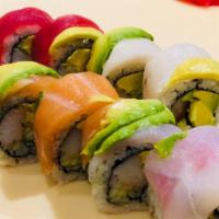 Rainbow Roll · California roll. Topped with assorted fish avocado.