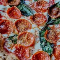 Pepperoni Pizza · calabrese salumi | mozzarella | basil | parmesan