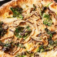 Mushroom Pizza · shiitake | white trumpet | cremini | fontina, asiago | parmesan | garlicky spinach | lemon z...