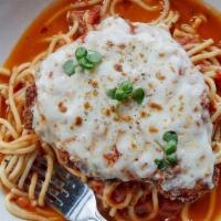 Chicken Parmesan · spaghetti | crispy chicken milanese | garlicky pomodoro | white wine | mozzarella | oregano ...