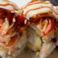 The Incredible Roll · Shrimp tempura inside, with spicy crabmeat on top.