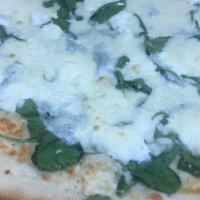 New York Style Spinach Pizza · Fresh spinach, garlic, oil, mozzarella and ricotta cheese.