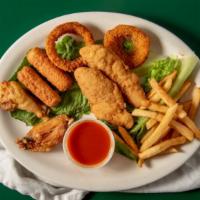 Appetizer Sampler · Fries, onion rings, wings, mozzarella sticks and chicken fingers.