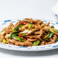 Shredded Pork With Hot Pepper · Spicy. Shredded pork tossed in a wok scallions and jalapenos in house soy sauce.