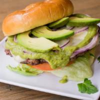 Sami Mexican Burger · Beef patty blended with jalapenos and onions. Served with american cheese, avocado, and salsa.