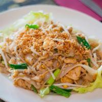 Country Style Noodles · Stir-fried flat rice noodles with chopped chicken, egg, bean sprouts, scallions, ground pean...