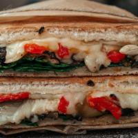 Portobello Mushroom Sandwich · Portobello mushroom, Asiago, mozzarella cheese, spinach, roasted red peppers, caramelized on...