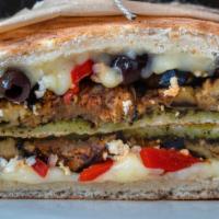 Roasted Eggplant Sandwich · Vegetarian. Roasted eggplant, mozzarella and feta cheeses, roasted red peppers, red onions, ...