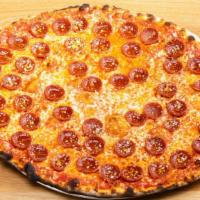 Pepperoni Pizza · san marzano tomato, pepperoni, parmigiano-reggiano, pecorino romano, mozzarella