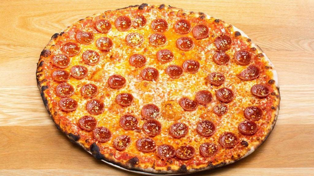 Pepperoni Pizza · san marzano tomato, pepperoni, parmigiano-reggiano, pecorino romano, mozzarella