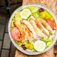 Grilled Chicken Salad · Garden salad topped with grilled chicken. Comes with your choice of size.
