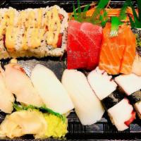 Sushi Sashimi Combo Set · Six pieces sushi, Eight pieces sashimi and spicy tuna.