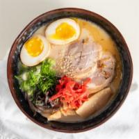 Tonkotsu Ramen · Our twenty-four hours pork bone broth noodle soup topped with chashu pork, boiled egg kikura...