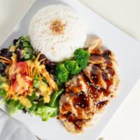 Chicken Teriyaki · Pan seared chicken breast with Teriyaki sauce served over white rice and salad.