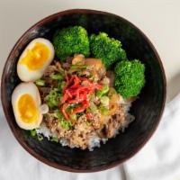Beef Bowl · Thinly sliced marinated beef, onion, scallion, topped with red ginger boiled egg, sesame see...