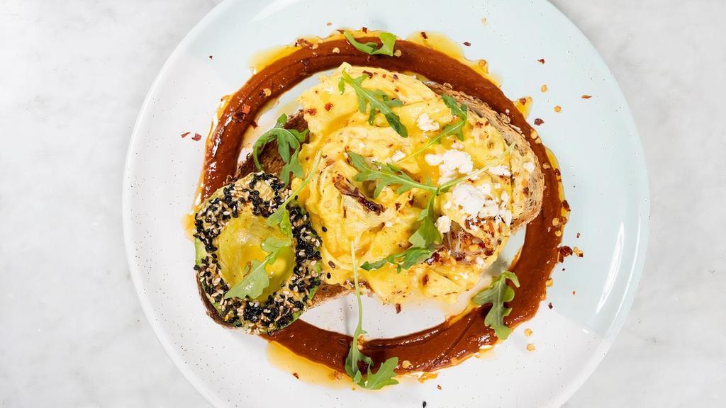 Soft Chili Scramble W/ Avocado · Chili shallot-folded eggs with sheep's milk feta, avocado & sesame seeds topped with chili oil. . Allergens: G = Contains gluten, D = Contains dairy, E = Contains egg, S = Contains soy, SE = Contains sesame