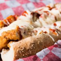 Chicken Parm. · Breaded chicken, Red sauce, choice of mozzarella or sharp provolone.