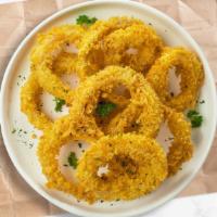 Onion Ring Fling · (Vegetarian) Sliced onions dipped in a light batter and fried until crispy and golden brown.