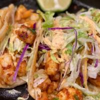 Little Baja · Five small corn tortillas, grilled shrimp, tomatoes, onions, cilantro, chipotle sauce, and f...