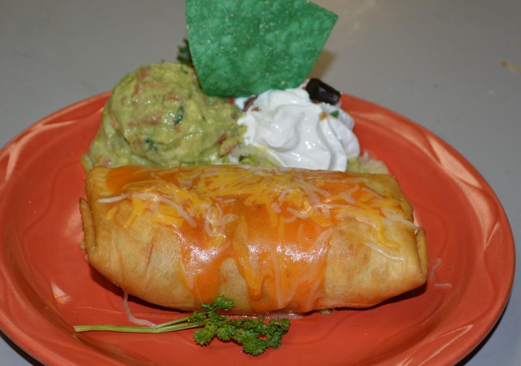 Little Chimi · Your choice of chicken, beef, or chili verde. Comes with guacamole and sour cream.