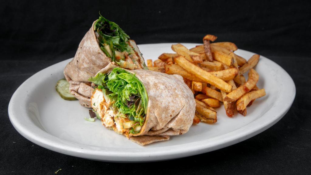 Buffalo Chicken Wrap · Crispy chicken tenders, blue cheese dressing, cucumbers, mixed greens, grilled wheat tortilla wrap.