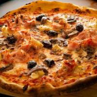 Capricciosa · San Marzano ground tomato, mozzarella cheese, Parma's ham, mushrooms, artichokes, Mediterran...