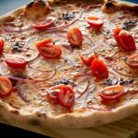 Calabrese · San Marzano ground tomato, mozzarella cheese, hot nduja sausage, red onions, cherry tomatoes