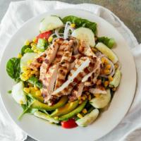 Avocado Chicken Salad · Avocado, corn, grilled chicken, tomatoes, baby spinach leaf, romaine lettuce, cucumbers and ...