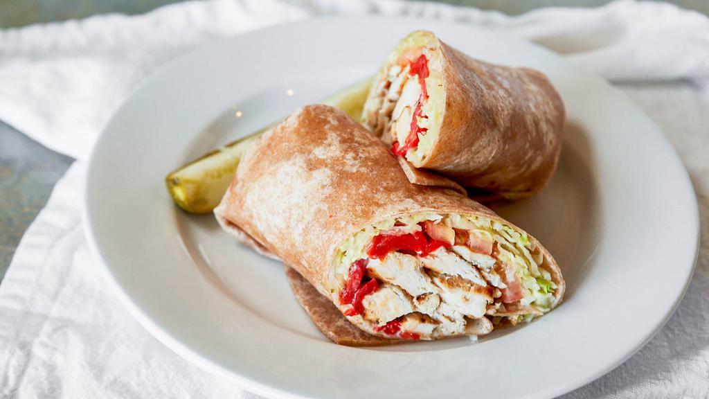 Grilled Chicken Wrap · Lettuce, tomatoes, roasted red peppers and honey mustard.