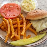 Cheeseburger Club · Bacon, lettuce, and tomatoes. Served with French fries, mayonnaise, lettuce, tomato, colesla...