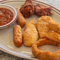 Gateway Sampler · 2 wings, 2 chicken fingers, 2 cheese sticks, and 3 onion rings. Served with marinara sauce.