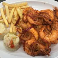 Camarones A La Plancha · Grilled jumbo shrimps seasoned with Spanish sauce and served with rice and salad