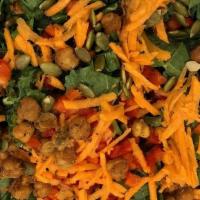 Tahini Caesar Salad · Kale, Red Pepper, Shredded Carrots, Roasted Chickpeas, Pumpkin Seeds. Tahini Caesar Dressing