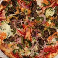 Vegetarian Delight Pizza · Mushrooms, tomatoes, green peppers, onions, broccoli, and spinach.